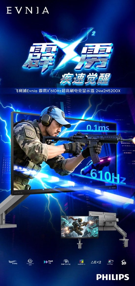 霹雳X²，疾速觉醒！飞利浦EVNIA电竞显示器24M2N5200X，610Hz超高刷新率铸就[X超能力]！