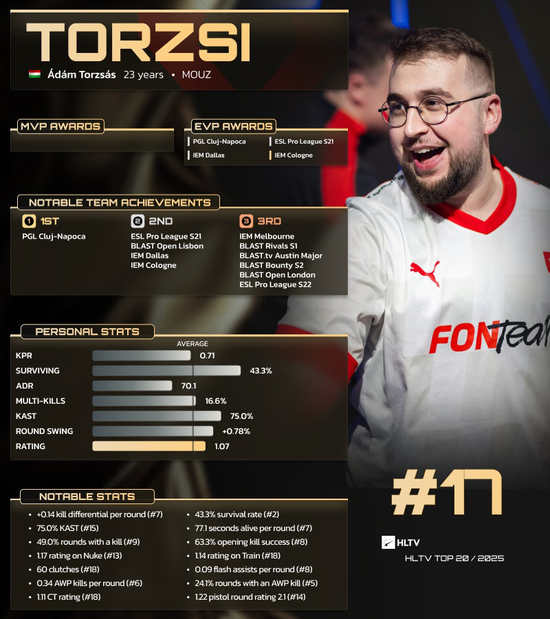 HLTV 2025年度最佳选手TOP17：torzsi
