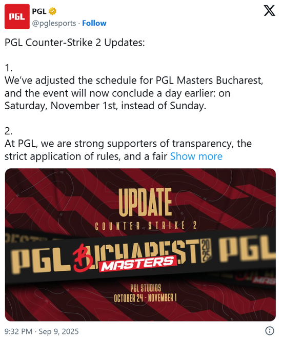 PGL官宣布加勒斯特S2将提前一天结束